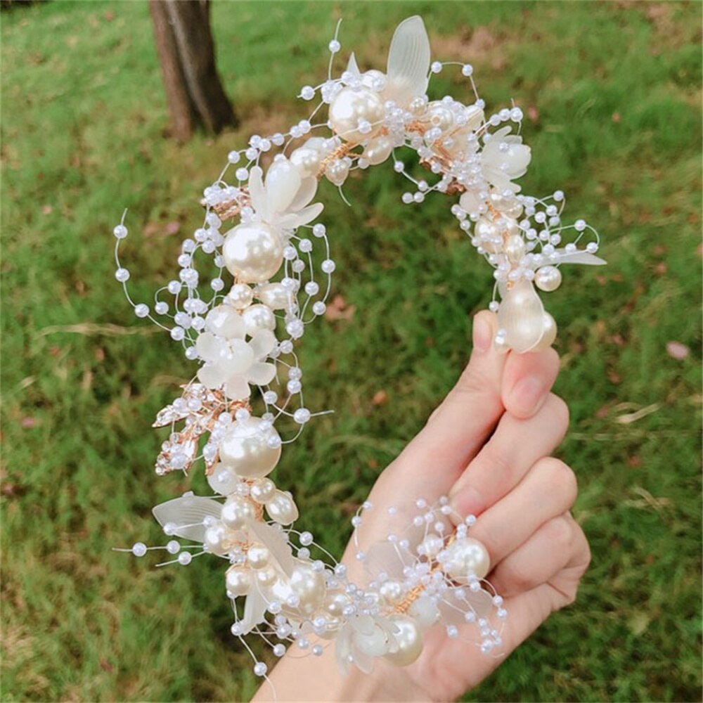 AliExpress Wedding Accessory Bride Crown Hair Crystal Jewelry Tiara With Pearls Flowers Wedding Crown Floral Pearl Bridal Headband