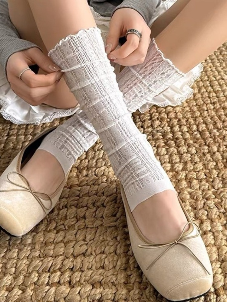 AliExpress White Leg Warmers Women Summer Thin Sweet Ballet Style JK Lolita Twist Pattern Long Socks Minimalist Jacquard Stacked Leg Covers, view 3