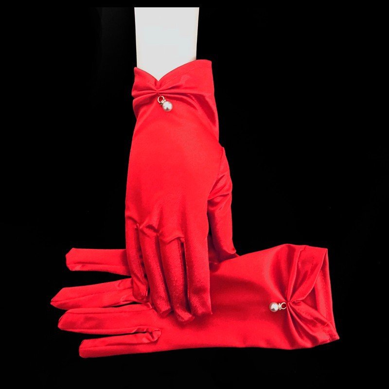 AliExpress White Satin Wedding Dress Gloves Short Elegant Petal Pearl Bow Mesh Bridal Gloves Versatile Photo Accessories Pearl Retro, view 6