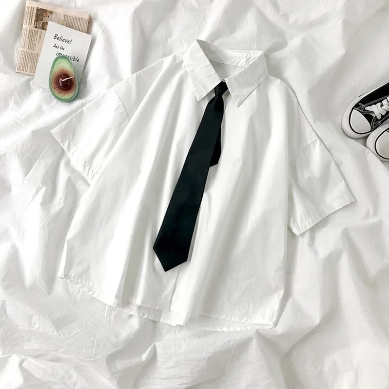 AliExpress White Shirt Women Blusas Short Sleeve Lapel Blouse with Tie Japanese Fashion Student Summer Daily College Style Top