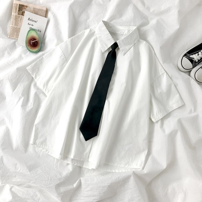 AliExpress White Shirts Women Fashion Black Tie Japan Style Preppy Students JK Girls Blouse Simple Solid Loose Summer Button Up Tops New