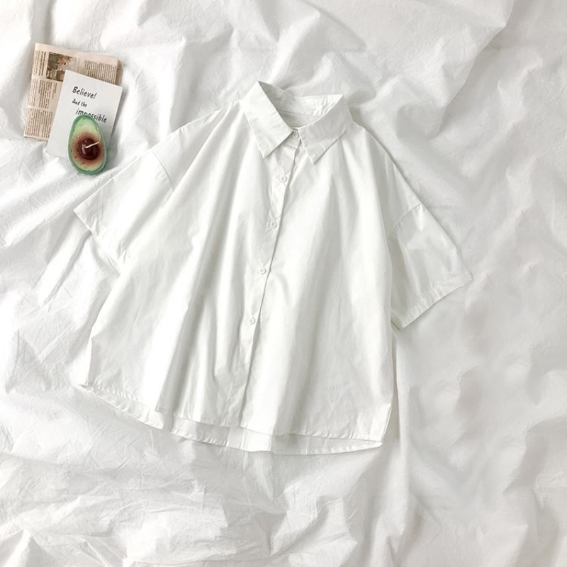 AliExpress White Shirts Women Fashion Black Tie Japan Style Preppy Students JK Girls Blouse Simple Solid Loose Summer Button Up Tops New, view 2