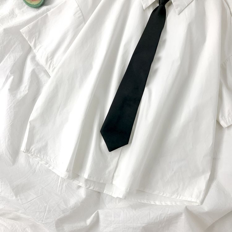 AliExpress White Shirts Women Fashion Black Tie Japan Style Preppy Students JK Girls Blouse Simple Solid Loose Summer Button Up Tops New, view 5
