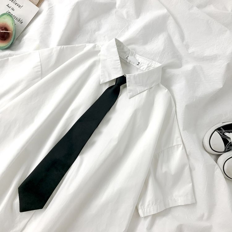 AliExpress White Shirts Women Fashion Black Tie Japan Style Preppy Students JK Girls Blouse Simple Solid Loose Summer Button Up Tops New, view 6