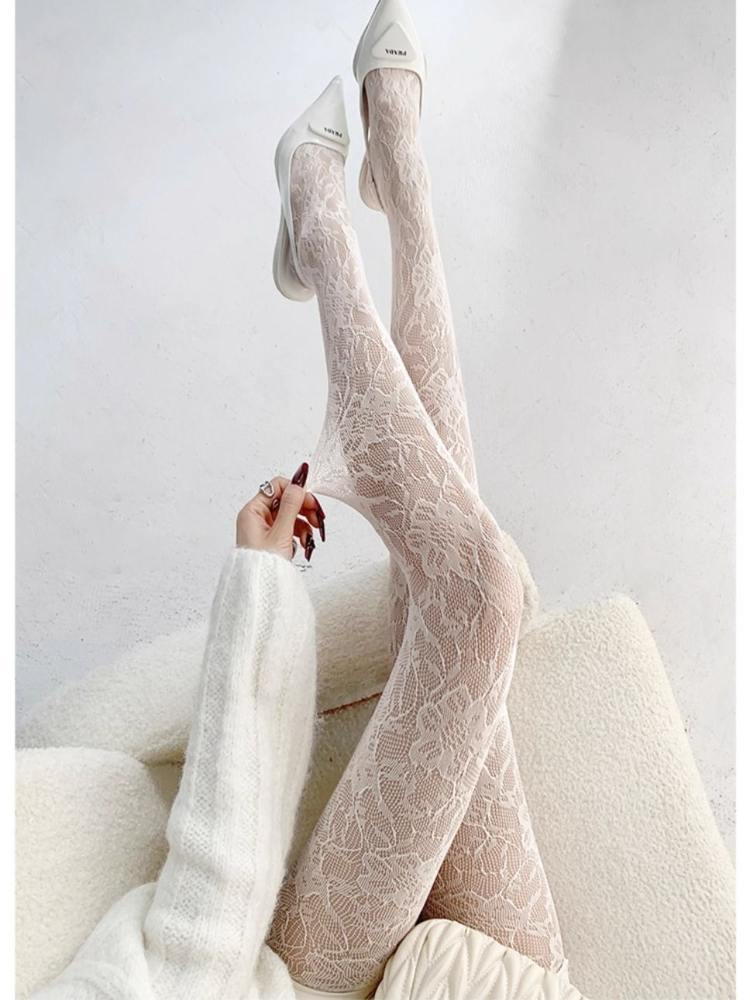 AliExpress White Socks Women Sexy Fishnet Stockings Femme Summer Thin Flower Mesh Pantyhose Elastic Slimming High Waist Hollow Out Tights, view 2