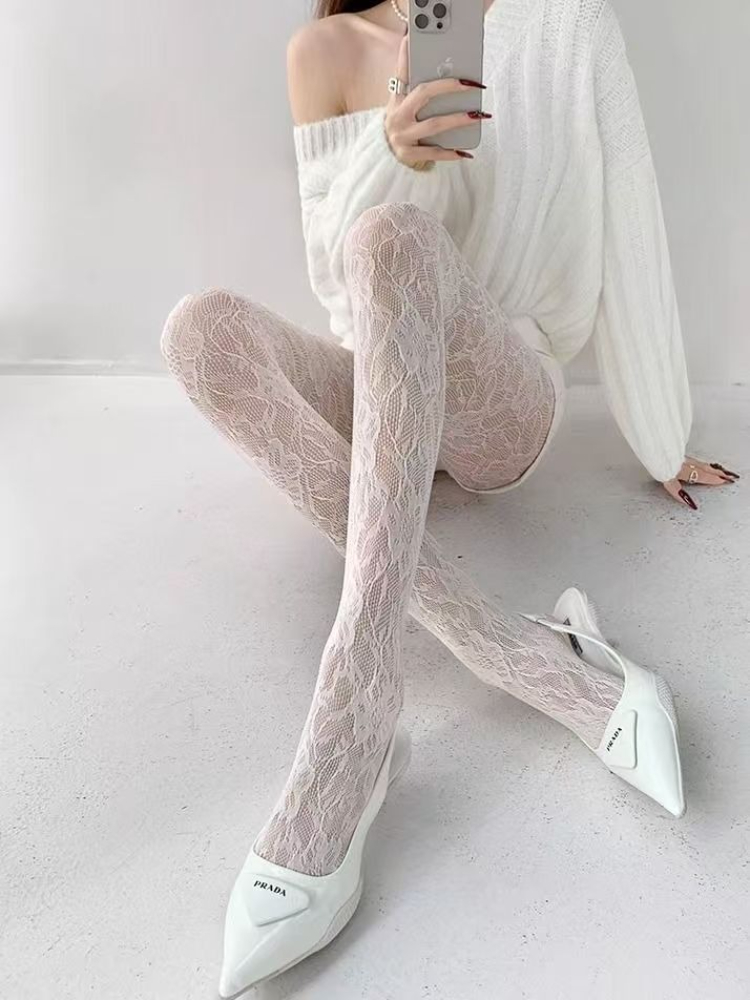 AliExpress White Socks Women Sexy Fishnet Stockings Femme Summer Thin Flower Mesh Pantyhose Elastic Slimming High Waist Hollow Out Tights, view 3