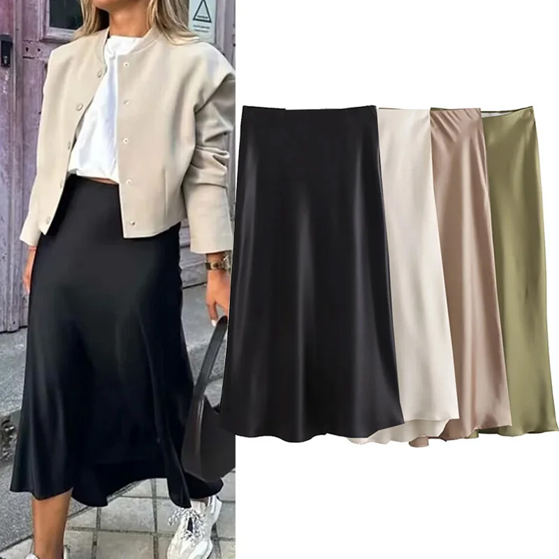 AliExpress Willshela 2024 Black Satin Skirt Woman High Waist Elegant Long Skirts For Women Fashion Summer Midi Skirt Office Women's Skirts