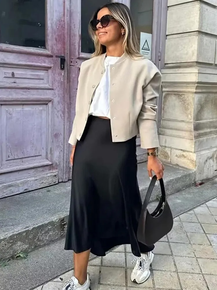AliExpress Willshela 2024 Black Satin Skirt Woman High Waist Elegant Long Skirts For Women Fashion Summer Midi Skirt Office Women's Skirts, view 2