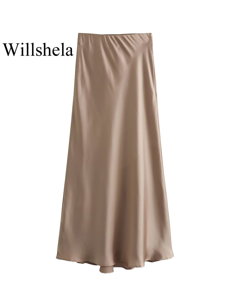 AliExpress Willshela 2024 Black Satin Skirt Woman High Waist Elegant Long Skirts For Women Fashion Summer Midi Skirt Office Women's Skirts, view 4