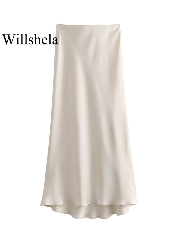 AliExpress Willshela 2024 Black Satin Skirt Woman High Waist Elegant Long Skirts For Women Fashion Summer Midi Skirt Office Women's Skirts, view 5