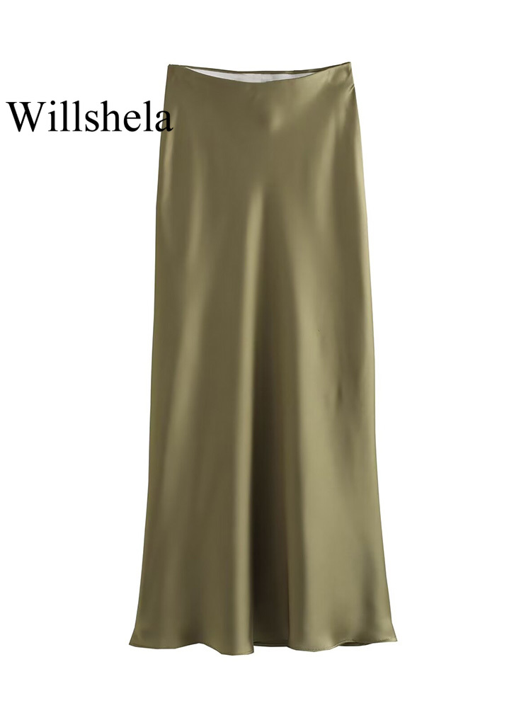 AliExpress Willshela 2024 Black Satin Skirt Woman High Waist Elegant Long Skirts For Women Fashion Summer Midi Skirt Office Women's Skirts, view 6