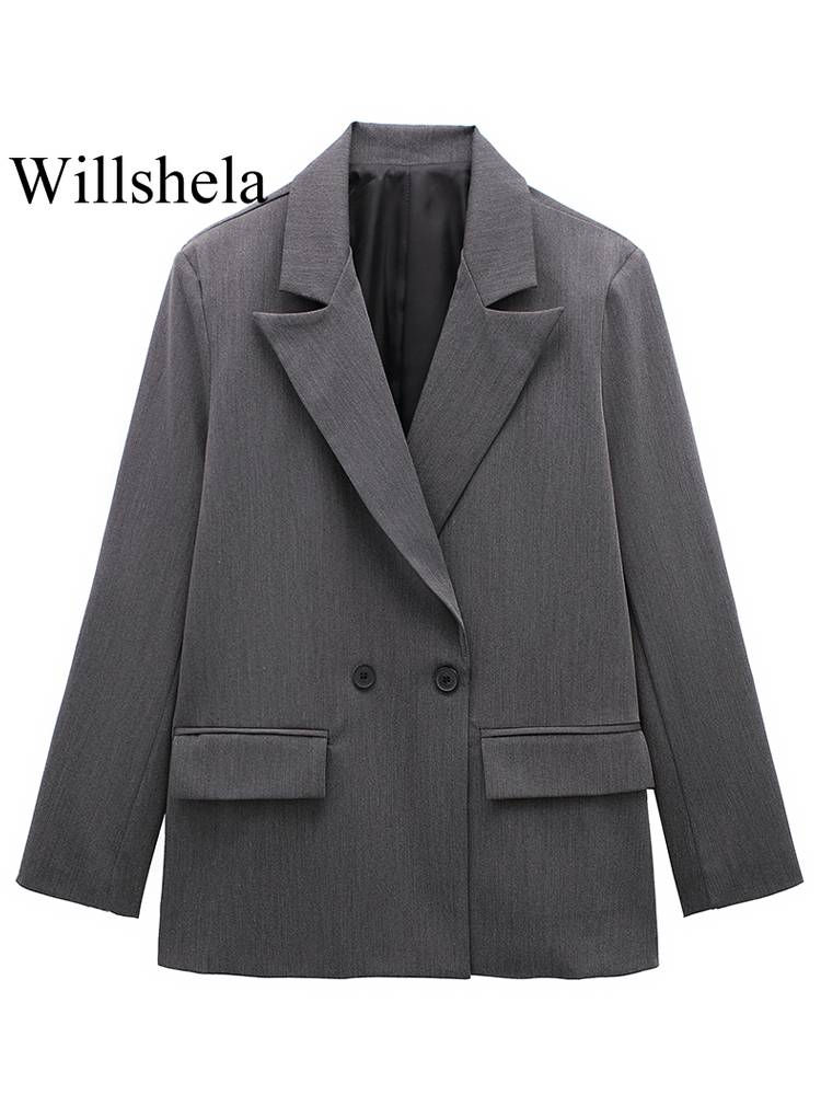 AliExpress Willshela Women Fashion With Pockets Solid Double Breasted Blazer Vintage Long Sleeves Notched Neck Female Office Lady Outfits, view 2