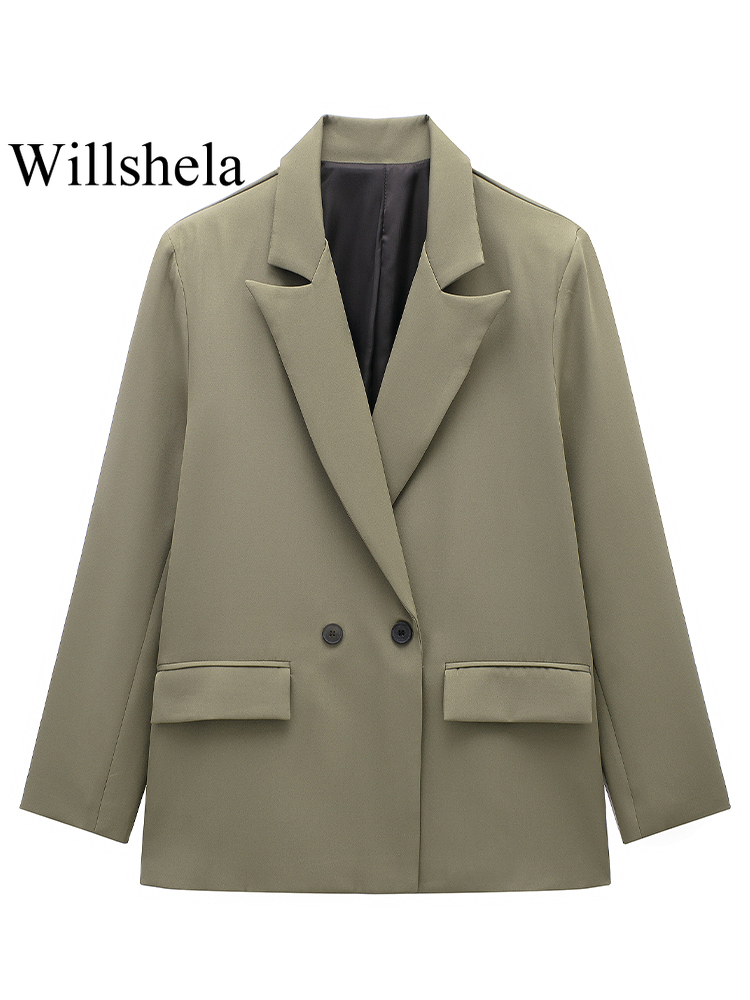 AliExpress Willshela Women Fashion With Pockets Solid Double Breasted Blazer Vintage Long Sleeves Notched Neck Female Office Lady Outfits, view 3