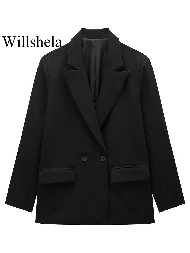 AliExpress Willshela Women Fashion With Pockets Solid Double Breasted Blazer Vintage Long Sleeves Notched Neck Female Office Lady Outfits, view 4