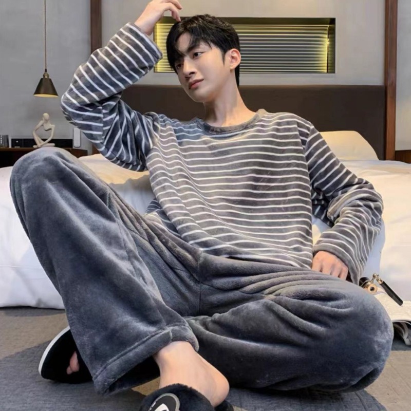 AliExpress Winter Flannel Pajamas Men Korean Version of the Striped Padded Long-Sleeved Cartoon Nightwear Homewear Set Sleepwear Loungewear, view 2
