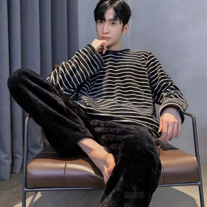 AliExpress Winter Flannel Pajamas Men Korean Version of the Striped Padded Long-Sleeved Cartoon Nightwear Homewear Set Sleepwear Loungewear, view 3