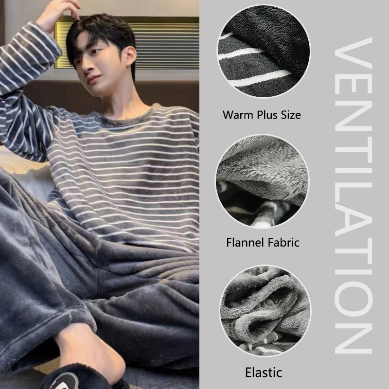AliExpress Winter Flannel Pajamas Men Korean Version of the Striped Padded Long-Sleeved Cartoon Nightwear Homewear Set Sleepwear Loungewear, view 4