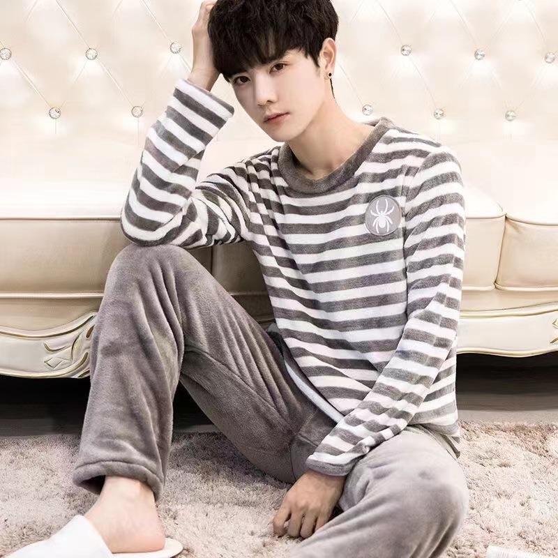 AliExpress Winter Flannel Pajamas Men Korean Version of the Striped Padded Long-Sleeved Cartoon Nightwear Homewear Set Sleepwear Loungewear, view 6