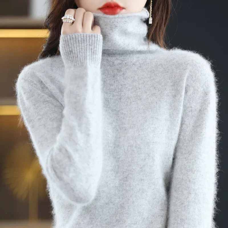 AliExpress WinvyNee Women Clothing Mink Cashmere Sweater Half High Collar Solid Tops Outerwears 2024 Knitted Oversized Pullover A1248005, view 2