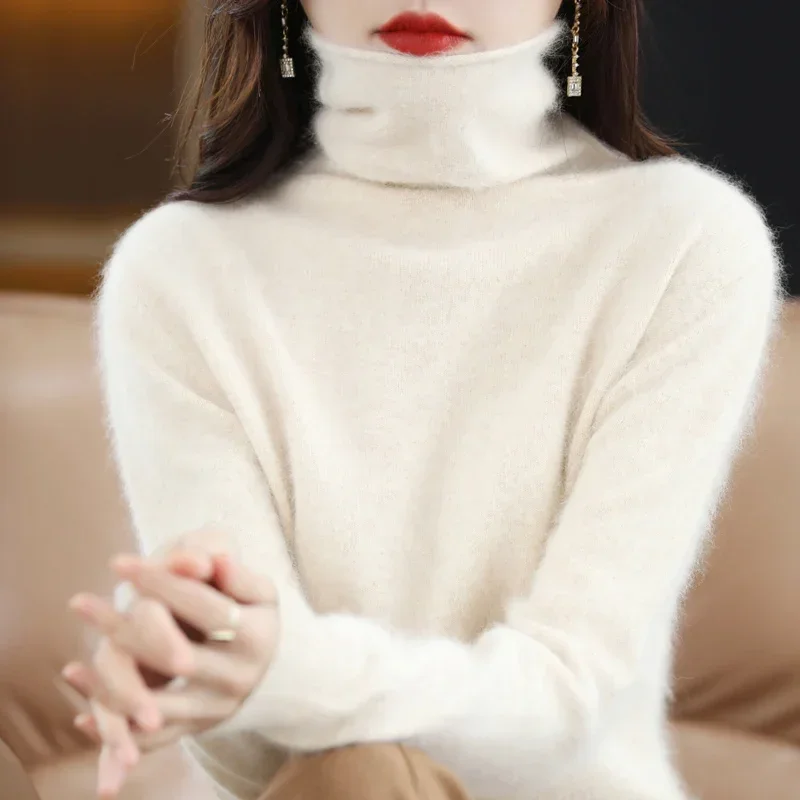 AliExpress WinvyNee Women Clothing Mink Cashmere Sweater Half High Collar Solid Tops Outerwears 2024 Knitted Oversized Pullover A1248005, view 4