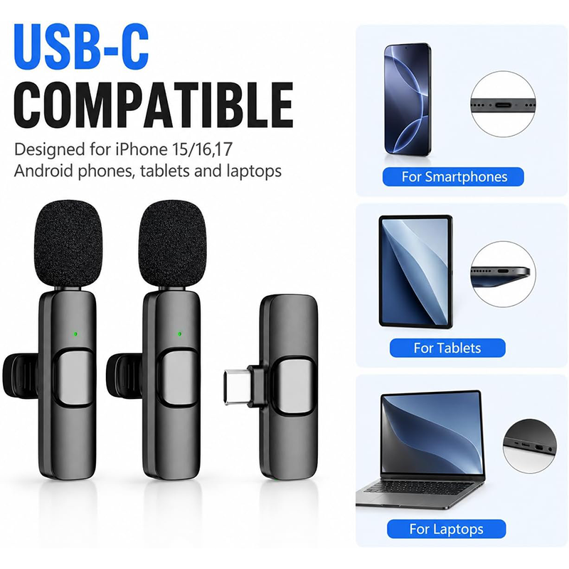 AliExpress Wireless Lavalier Microphone For iPhone 15/16/17 Series Android Devices Noise Cancelling Mini Lapel Microphone for Vlogging Mic