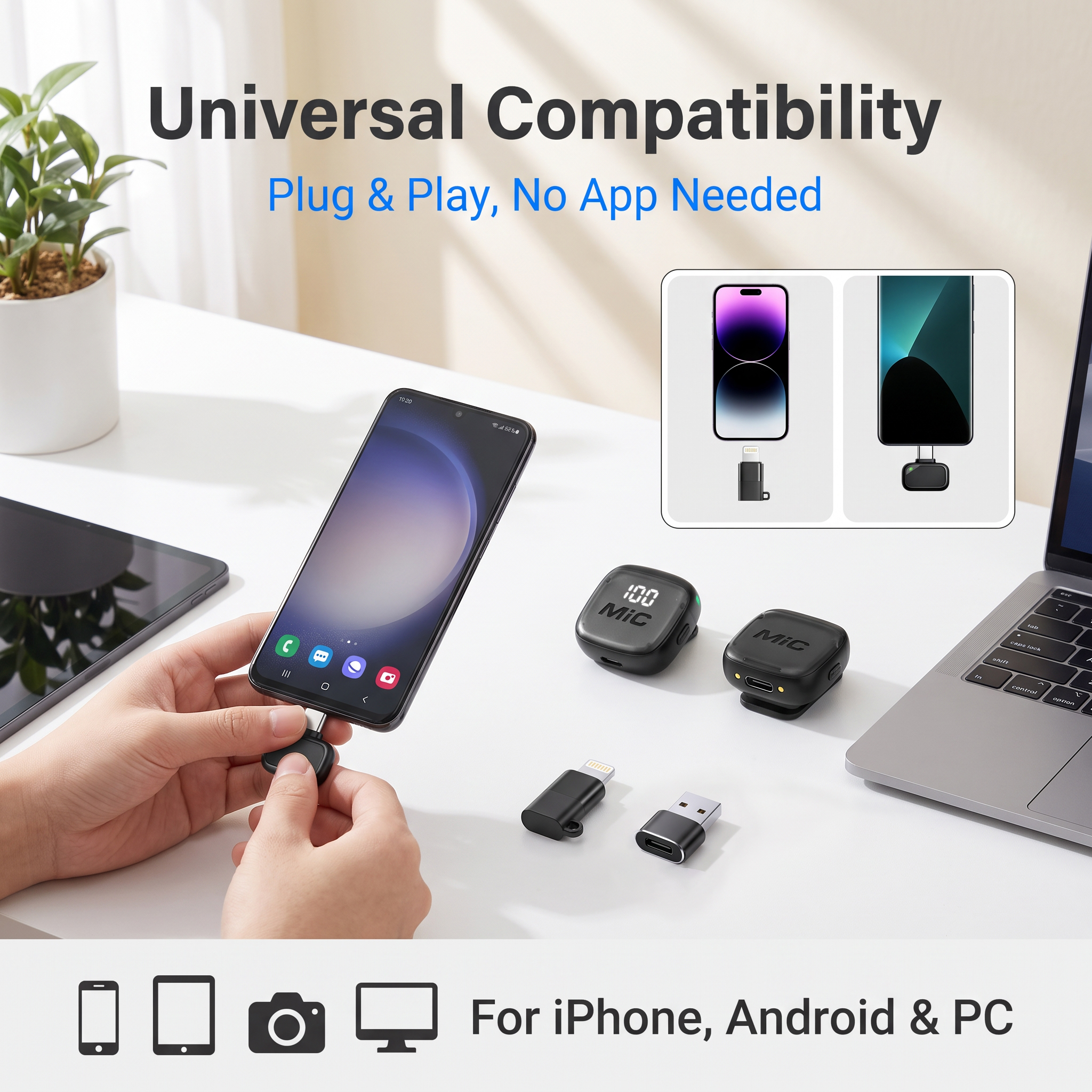AliExpress Wireless Lavalier Microphone, Mini Mic, Wind Cover, Type-C With Lightning & USB Adapter, for Phones, Tablets, Laptops, Computers, view 2