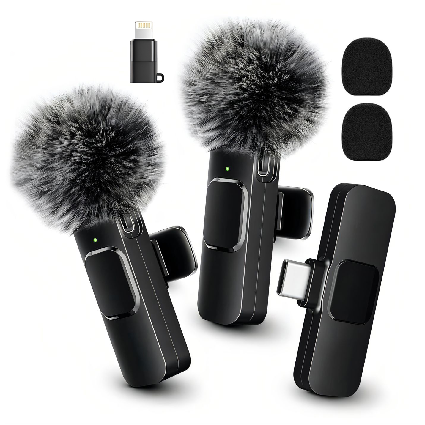 AliExpress Wireless Mini Lavalier Clip Mic with Furry Windscreen, Dual‑Port Type‑C & Lightning Adapter for iPhone, Android, Tablets, Laptop