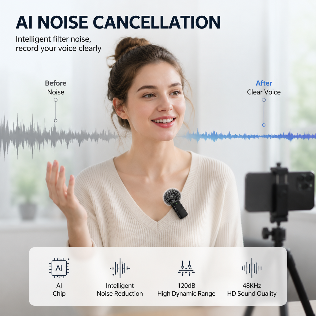 AliExpress Wireless Mini Lavalier Clip Mic with Furry Windscreen, Dual‑Port Type‑C & Lightning Adapter for iPhone, Android, Tablets, Laptop, view 5