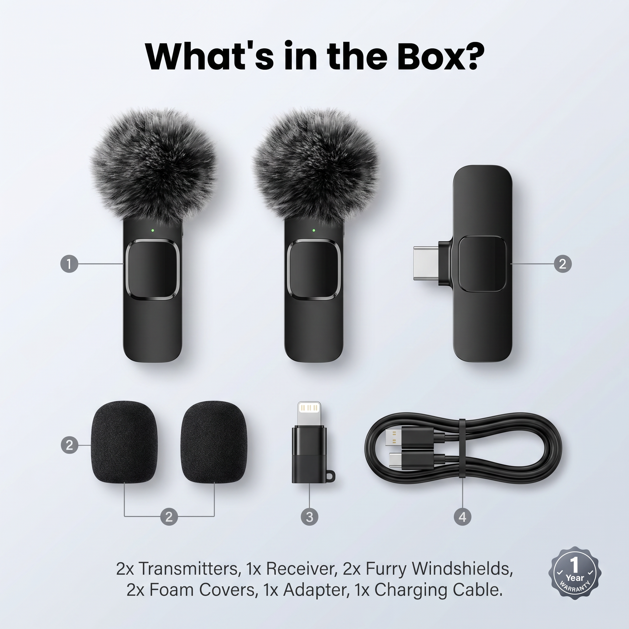 AliExpress Wireless Mini Lavalier Clip Mic with Furry Windscreen, Dual‑Port Type‑C & Lightning Adapter for iPhone, Android, Tablets, Laptop, view 2