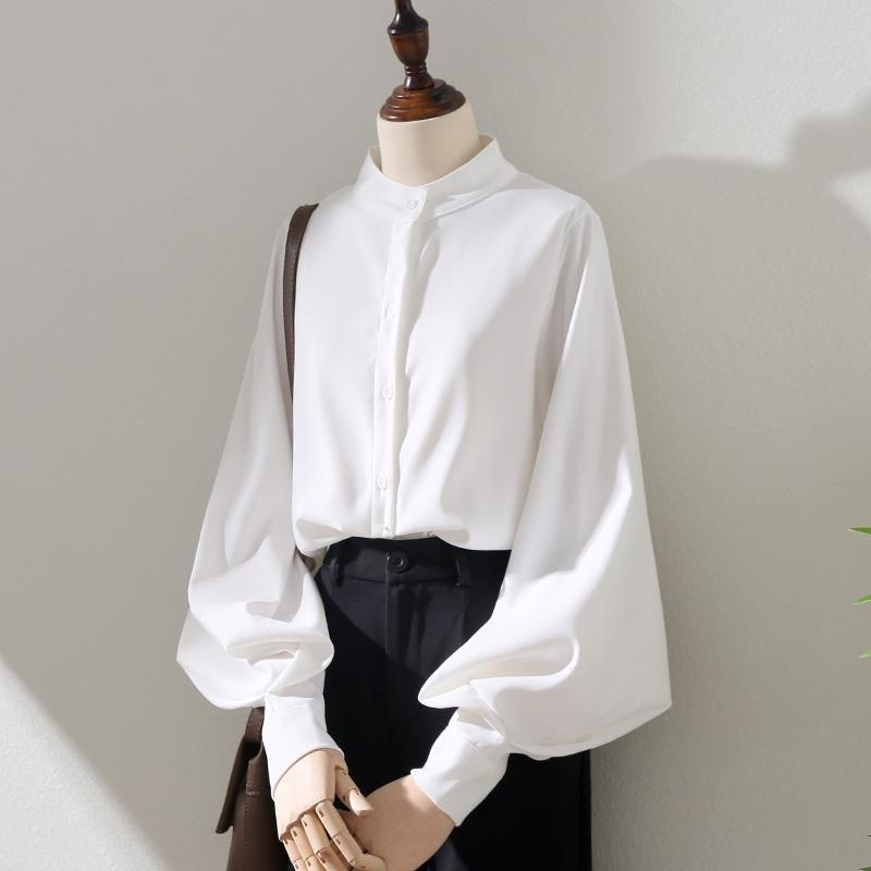 AliExpress Woman Spring Autumn Style Blouses Shirt Lady Long Lantern Sleeve Stand Collar Loose Blusas Tops DF4847