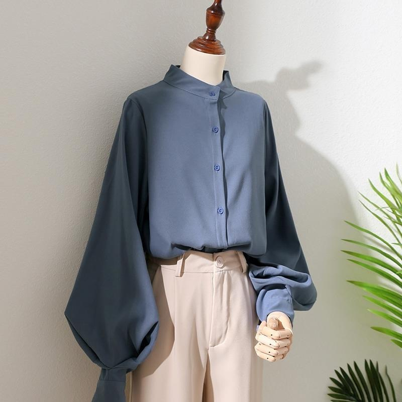 AliExpress Woman Spring Autumn Style Blouses Shirt Lady Long Lantern Sleeve Stand Collar Loose Blusas Tops DF4847, view 2
