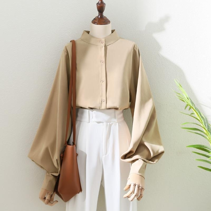 AliExpress Woman Spring Autumn Style Blouses Shirt Lady Long Lantern Sleeve Stand Collar Loose Blusas Tops DF4847, view 5