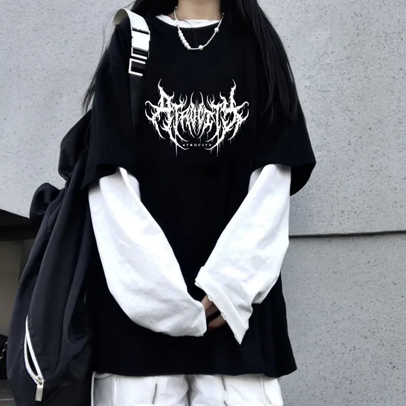 AliExpress Women Atrocity Print Graphic Fake Two Long Sleeved T-shirts Fashion Gothic Retro Casual Loose Fake Two Long Sleeved T Shirt