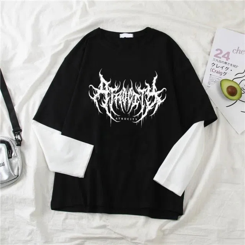 AliExpress Women Atrocity Print Graphic Fake Two Long Sleeved T-shirts Fashion Gothic Retro Casual Loose Fake Two Long Sleeved T Shirt, view 2