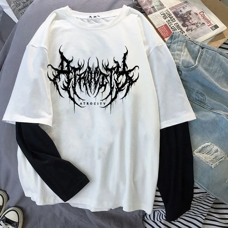 AliExpress Women Atrocity Print Graphic Fake Two Long Sleeved T-shirts Fashion Gothic Retro Casual Loose Fake Two Long Sleeved T Shirt, view 4