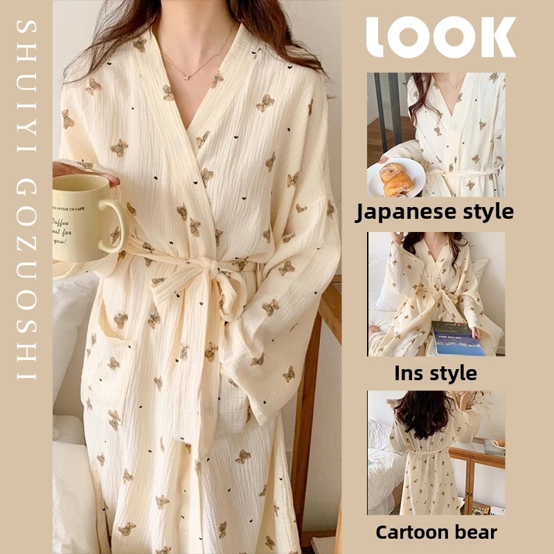 AliExpress Women Bathing Robe Cartoon Cute Bear Print Bathrobe Nightgown Cardigan Long Sleeve Nightdress Plus Size Loungewear Nightgown Ro