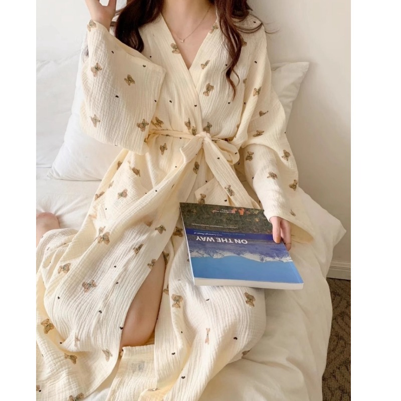 AliExpress Women Bathing Robe Cartoon Cute Bear Print Bathrobe Nightgown Cardigan Long Sleeve Nightdress Plus Size Loungewear Nightgown Ro, view 2