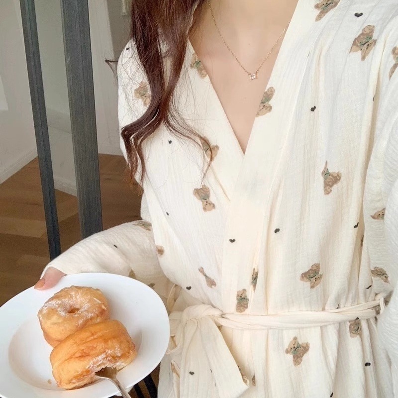 AliExpress Women Bathing Robe Cartoon Cute Bear Print Bathrobe Nightgown Cardigan Long Sleeve Nightdress Plus Size Loungewear Nightgown Ro, view 3