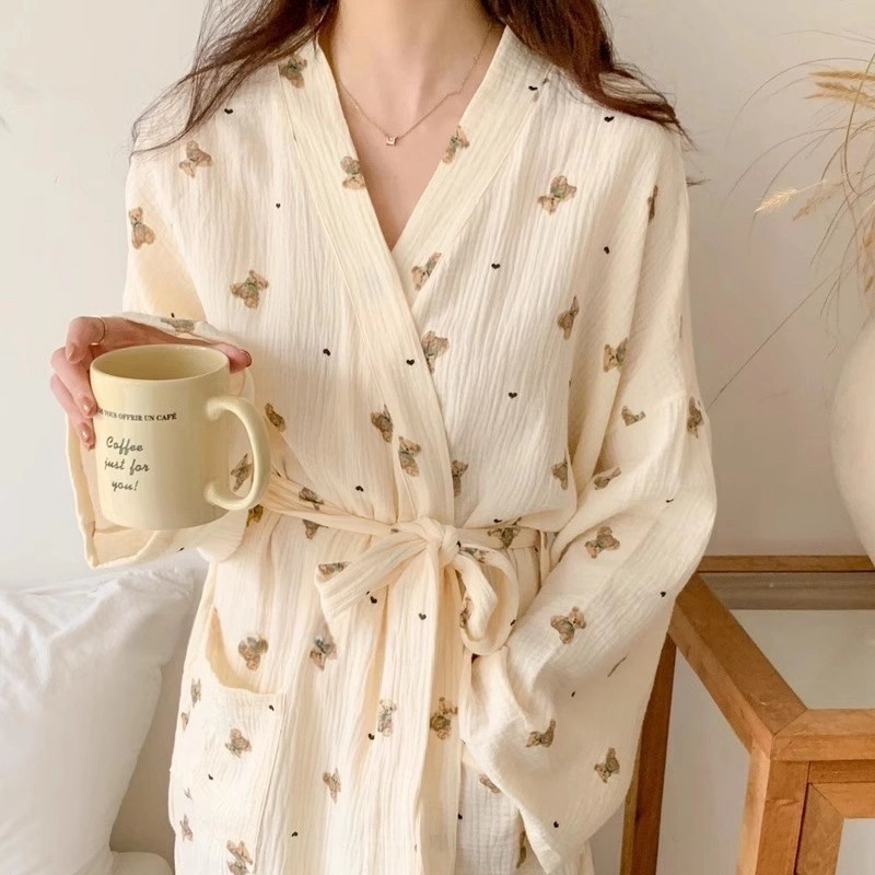 AliExpress Women Bathing Robe Cartoon Cute Bear Print Bathrobe Nightgown Cardigan Long Sleeve Nightdress Plus Size Loungewear Nightgown Ro, view 4