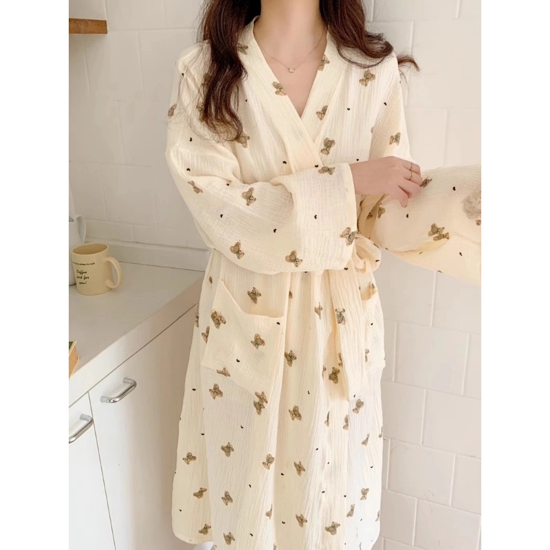 AliExpress Women Bathing Robe Cartoon Cute Bear Print Bathrobe Nightgown Cardigan Long Sleeve Nightdress Plus Size Loungewear Nightgown Ro, view 5