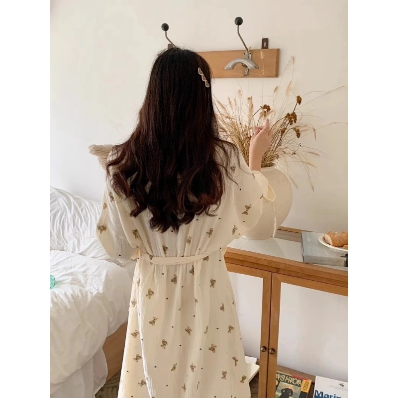 AliExpress Women Bathing Robe Cartoon Cute Bear Print Bathrobe Nightgown Cardigan Long Sleeve Nightdress Plus Size Loungewear Nightgown Ro, view 6