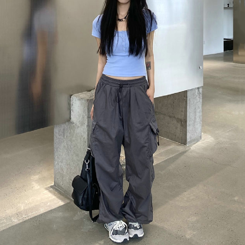 AliExpress Women Casual Cargo Pant Solid Low Waist Drawstring Big Pockets Wide Leg Baggy Trousers Female Y2K Streetwear Oversize Sweatpants