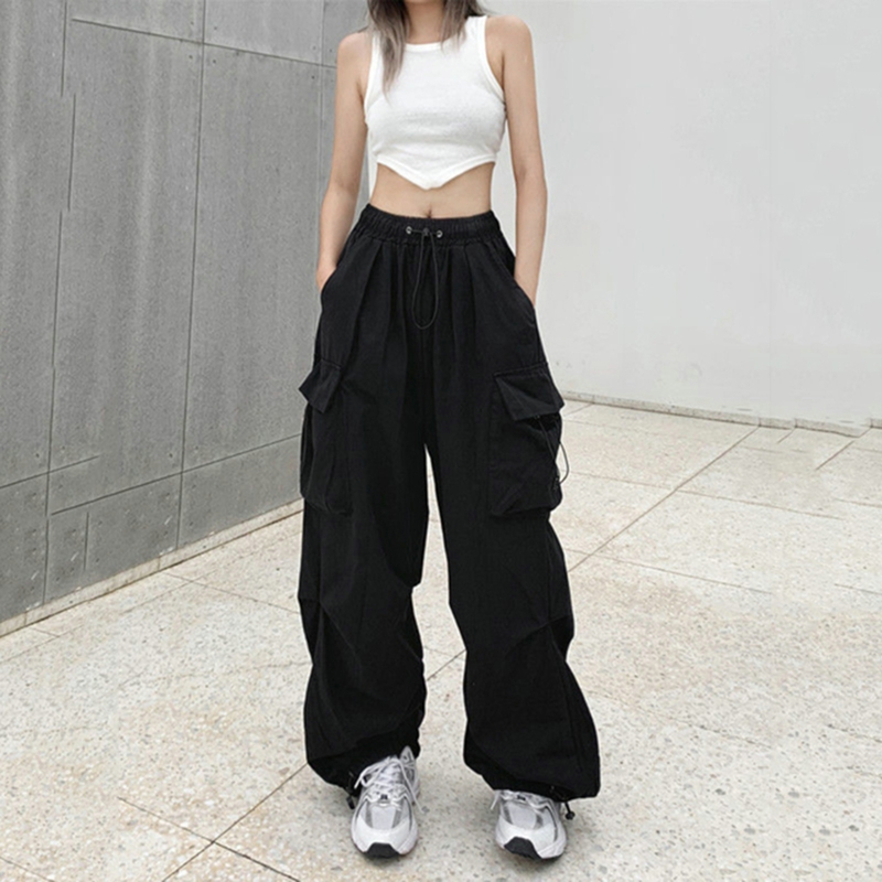 AliExpress Women Casual Cargo Pant Solid Low Waist Drawstring Big Pockets Wide Leg Baggy Trousers Female Y2K Streetwear Oversize Sweatpants, view 2
