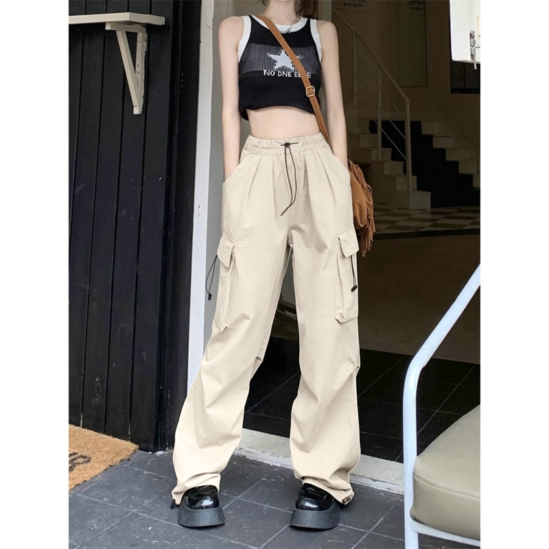 AliExpress Women Casual Cargo Pant Solid Low Waist Drawstring Big Pockets Wide Leg Baggy Trousers Female Y2K Streetwear Oversize Sweatpants, view 3