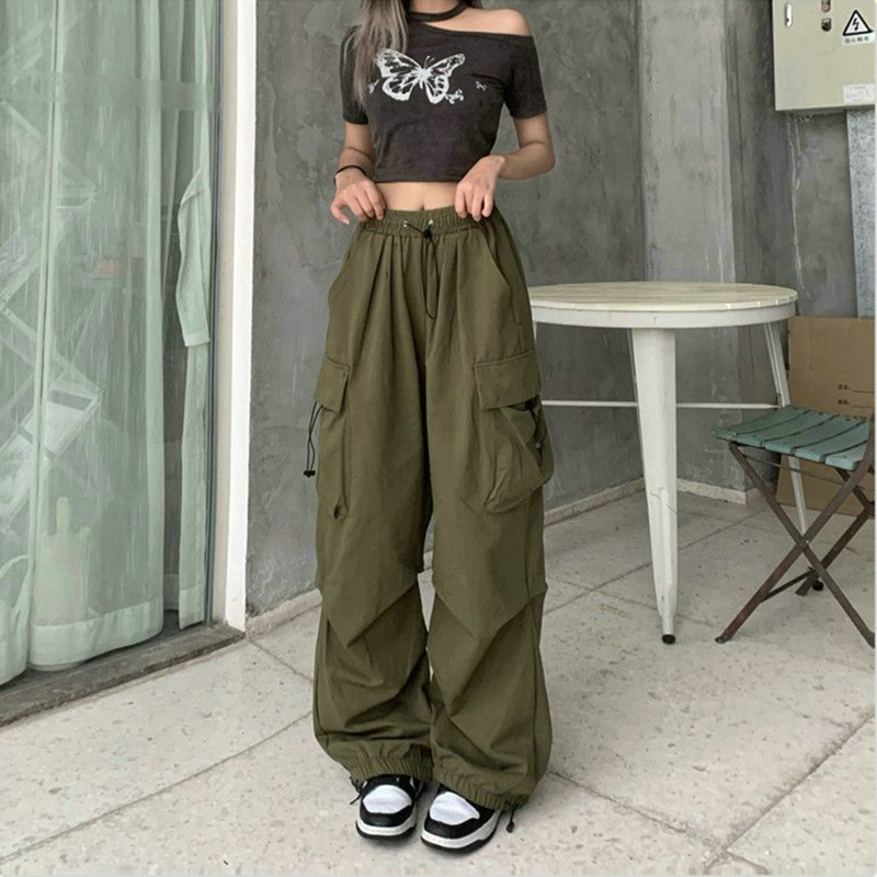 AliExpress Women Casual Cargo Pant Solid Low Waist Drawstring Big Pockets Wide Leg Baggy Trousers Female Y2K Streetwear Oversize Sweatpants, view 4