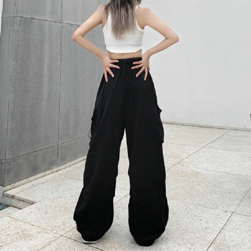AliExpress Women Casual Cargo Pant Solid Low Waist Drawstring Big Pockets Wide Leg Baggy Trousers Female Y2K Streetwear Oversize Sweatpants, view 5