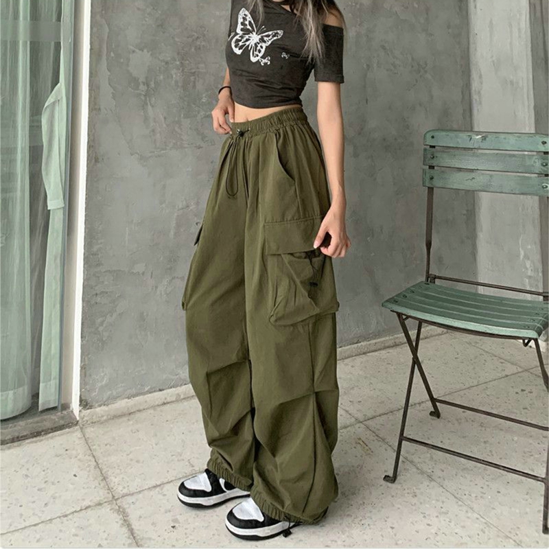 AliExpress Women Casual Cargo Pant Solid Low Waist Drawstring Big Pockets Wide Leg Baggy Trousers Female Y2K Streetwear Oversize Sweatpants, view 6