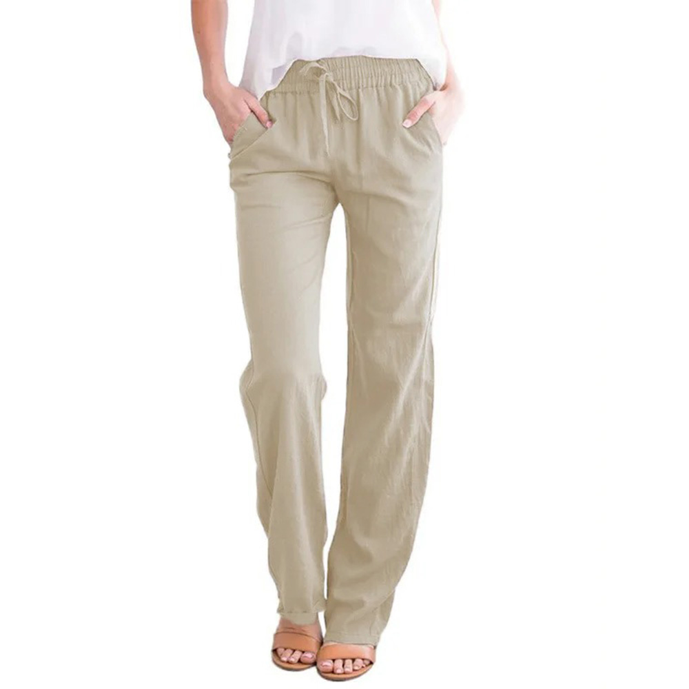 AliExpress Women Cotton Linen Drawstring Pants Elastic Waist Casual Solid Color Trousers Baggy Loose Straight Leg Breathable Sweatpants