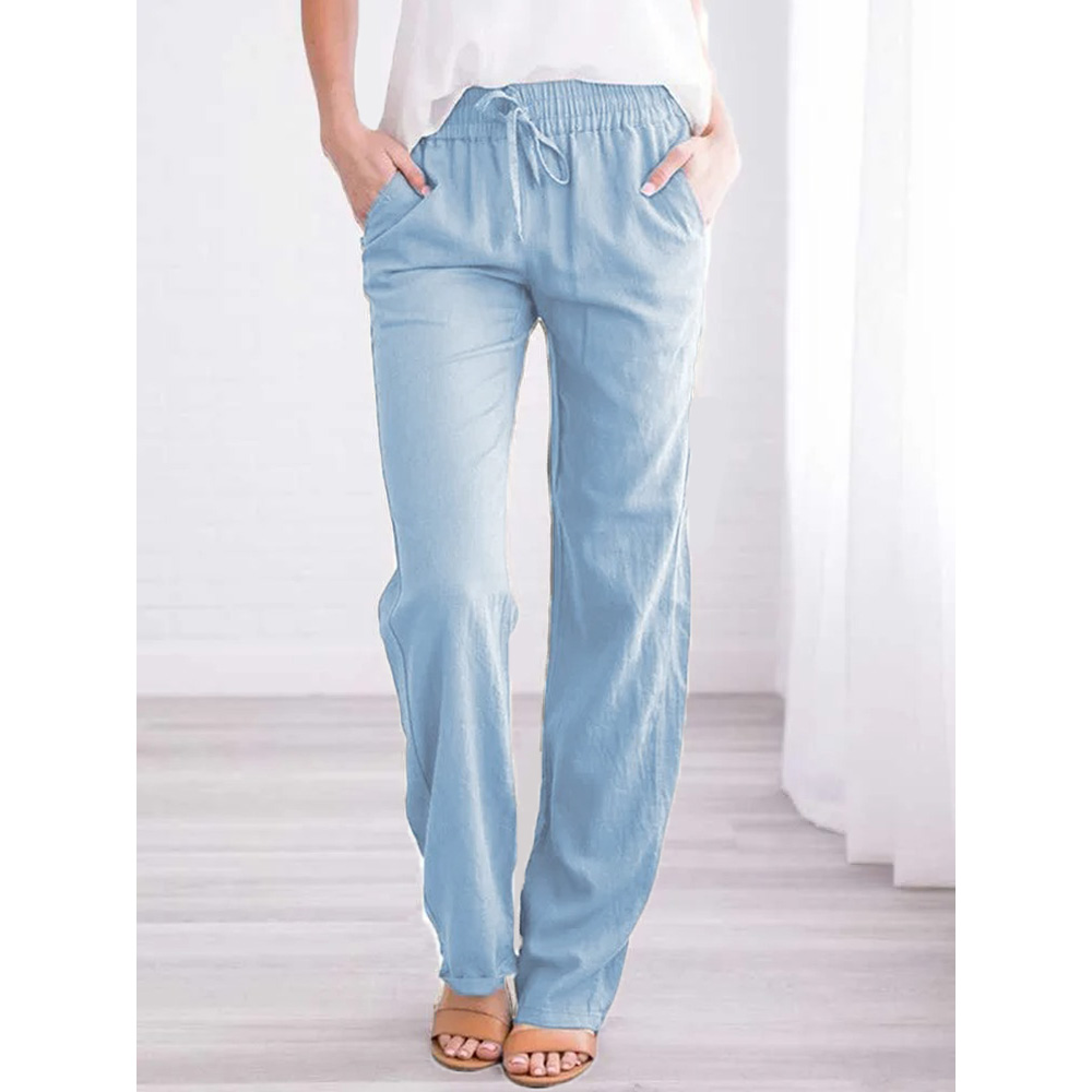 AliExpress Women Cotton Linen Drawstring Pants Elastic Waist Casual Solid Color Trousers Baggy Loose Straight Leg Breathable Sweatpants, view 2