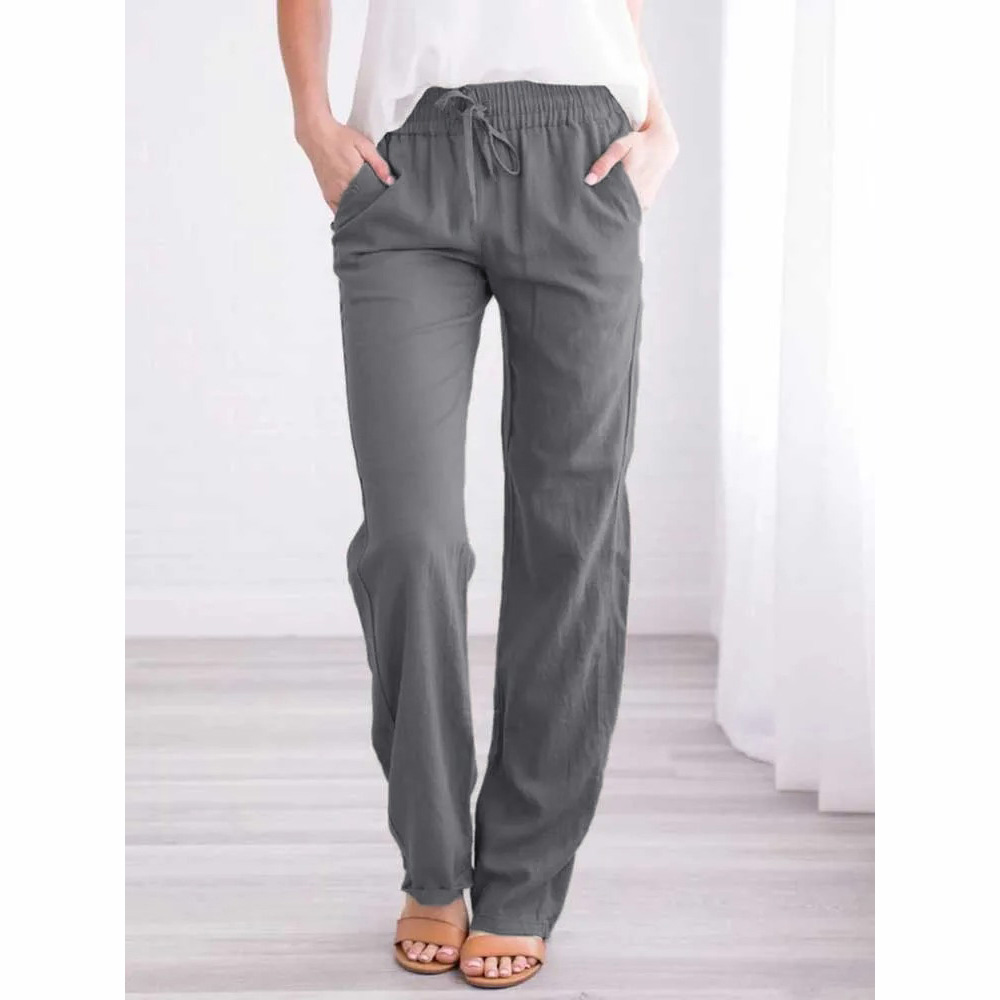 AliExpress Women Cotton Linen Drawstring Pants Elastic Waist Casual Solid Color Trousers Baggy Loose Straight Leg Breathable Sweatpants, view 3